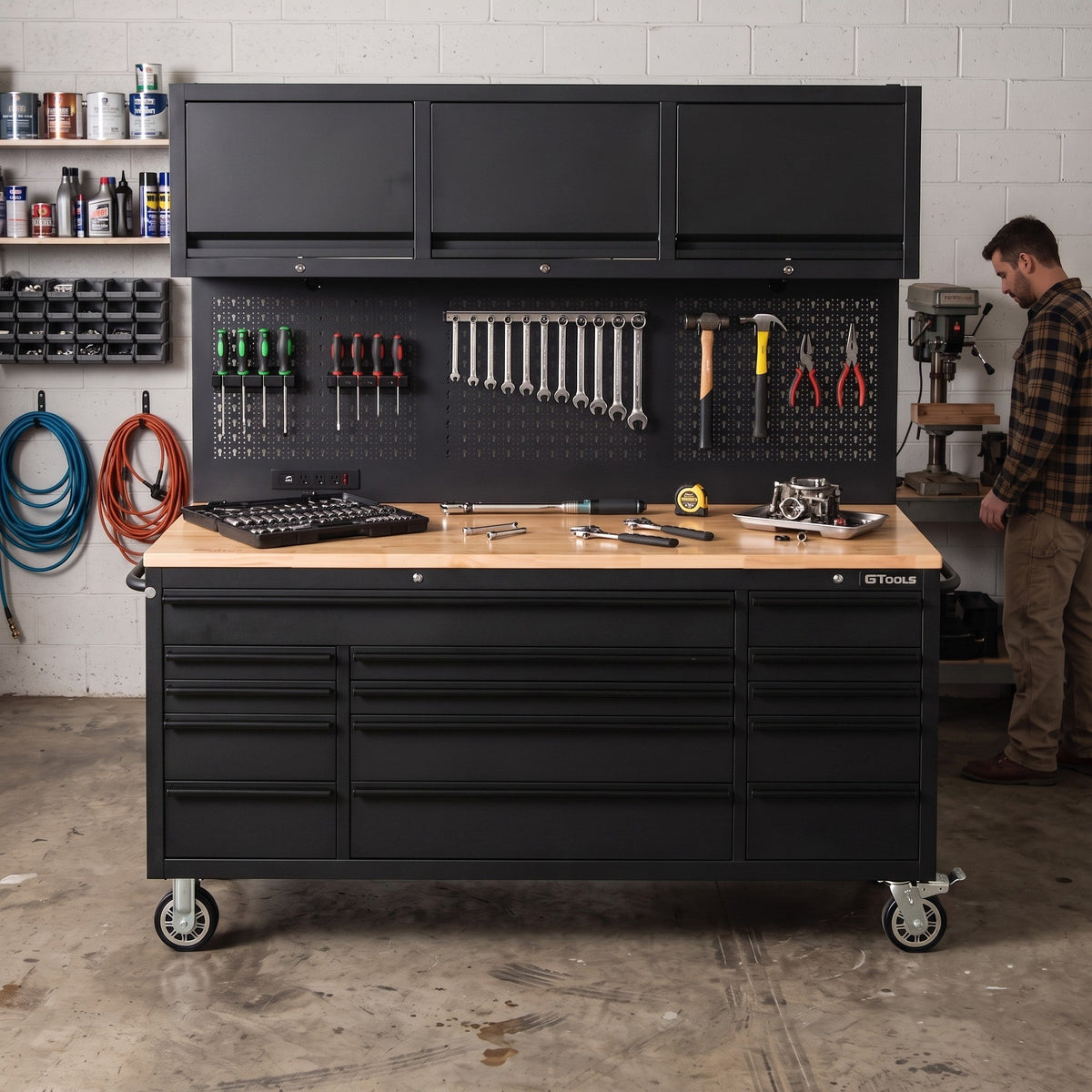 Overhead Pro 72" Rolling Tool Chest | 79" Tall | 25" Deep | 14 Drawers | Overheads | Pegboard & Power Strip