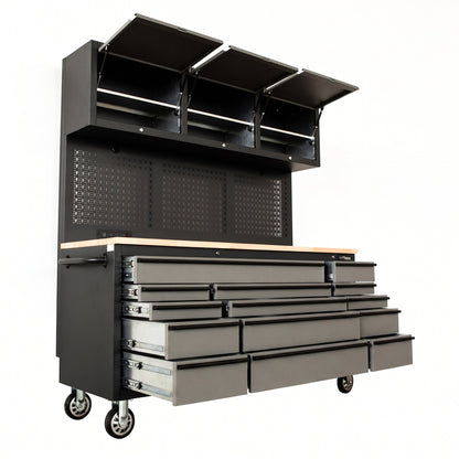 Overhead Pro 72" Rolling Tool Chest | 79" Tall | 25" Deep | 14 Drawers | Overheads | Pegboard & Power Strip