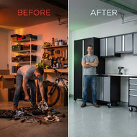 10-Piece Heavy Duty Steel Garage Cabinet System | All-In-One Modular Garage Cabinet Set for Ultimate Workshop Organization | Easy Assembly Garage Storage Cabinets & Tool Bench (Black) — Before & After