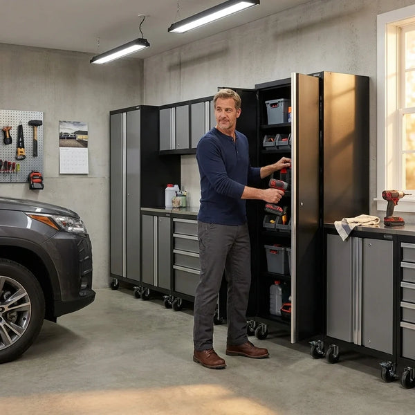 Garage Cabinet Set Designed for Ultimate Organization, 10-Piece Heavy Duty Steel, Modular Design, Rolling Workbench